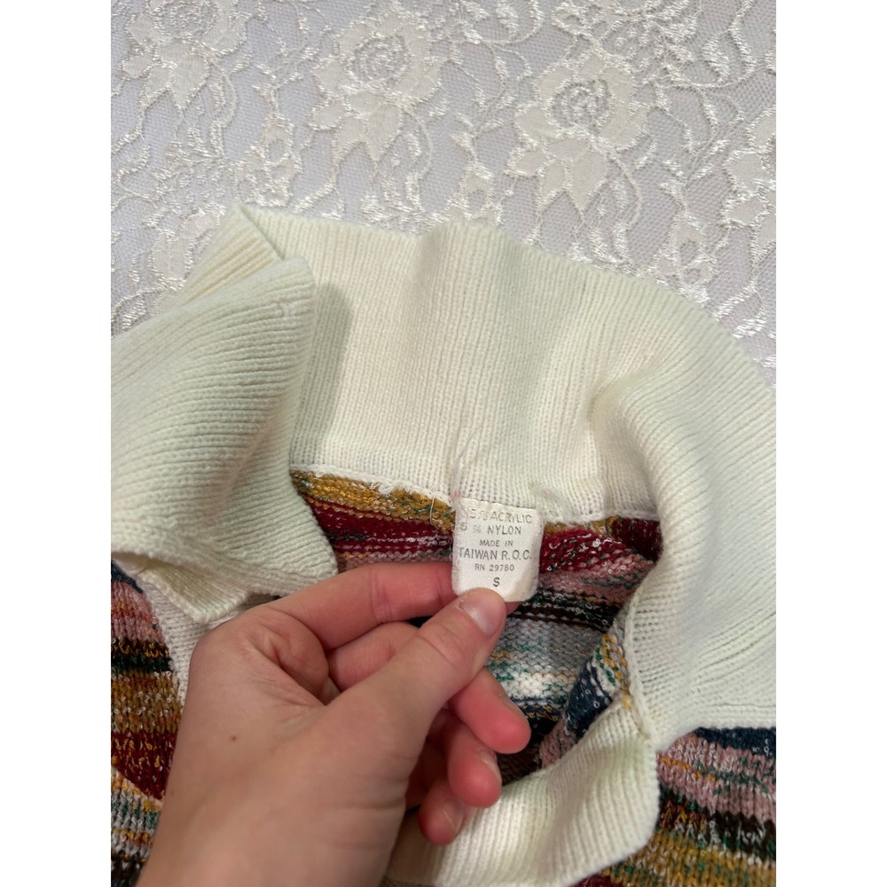 Vintage 70s Striped Polo Sweater Knit V-Neck S Boho Retro Fall Eclectic Boho - Picture 4 of 6